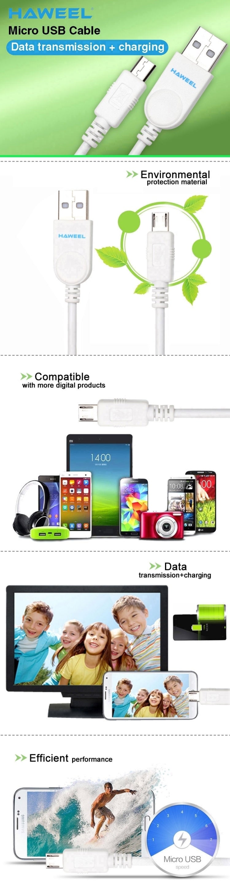 HAWEEL Micro USB to USB 2.0 Data / Charging Cable, Length: 1m(White)