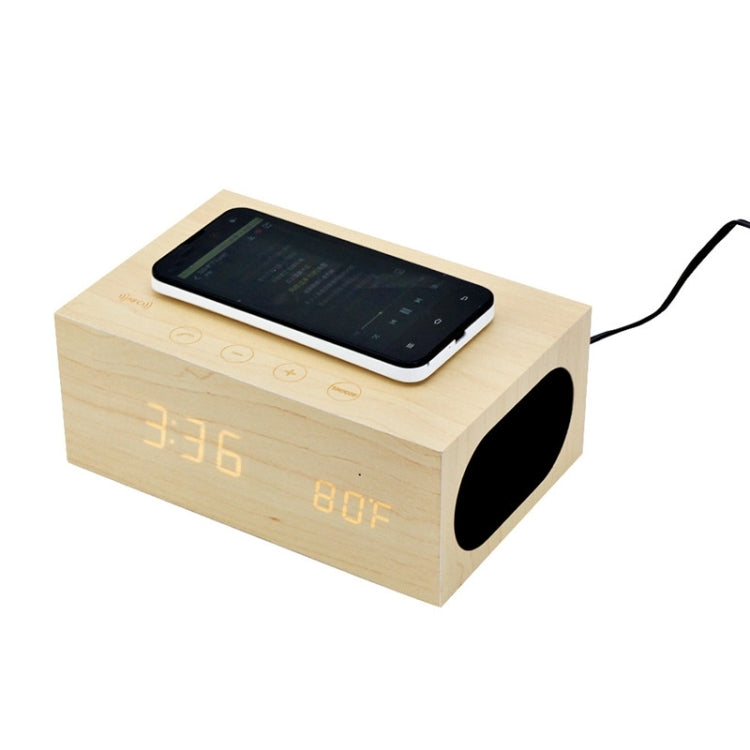 X5 Qi Wireless Charger Wooden LED Clock Bluetooth Speaker with Thermometer & Alarm Function(Beige)