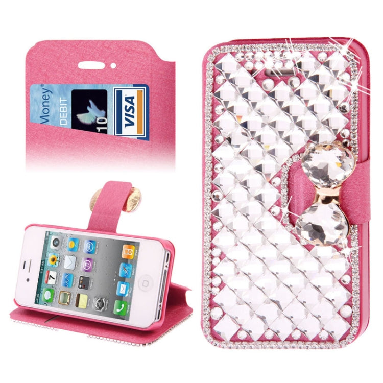 Bowknot Magnetic Buckle Diamond Encrusted Horizontal Flip Leather Case with Credit Card Slots & Holder for iPhone 4 & 4S