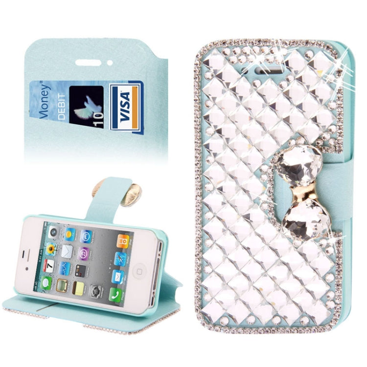 Bowknot Magnetic Buckle Diamond Encrusted Horizontal Flip Leather Case with Credit Card Slots & Holder for iPhone 4 & 4S