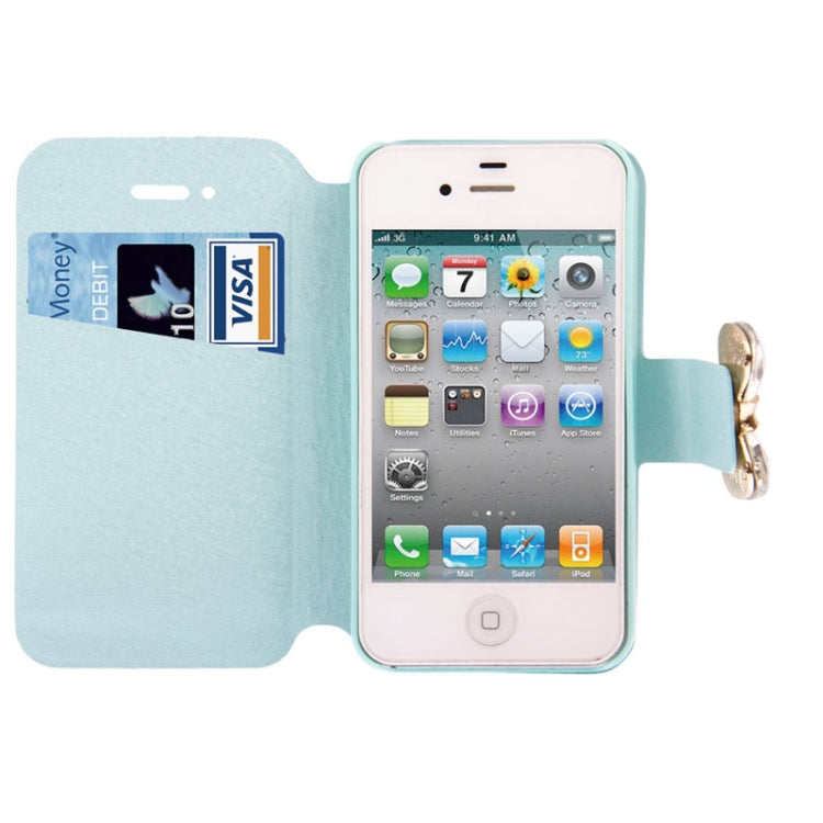 Bowknot Magnetic Buckle Diamond Encrusted Horizontal Flip Leather Case with Credit Card Slots & Holder for iPhone 4 & 4S