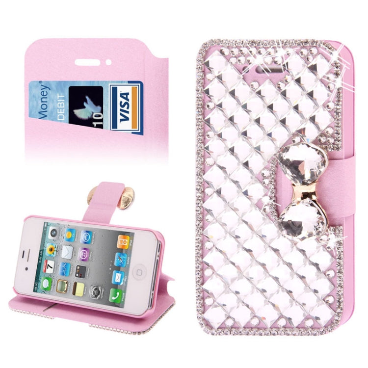 Bowknot Magnetic Buckle Diamond Encrusted Horizontal Flip Leather Case with Credit Card Slots & Holder for iPhone 4 & 4S