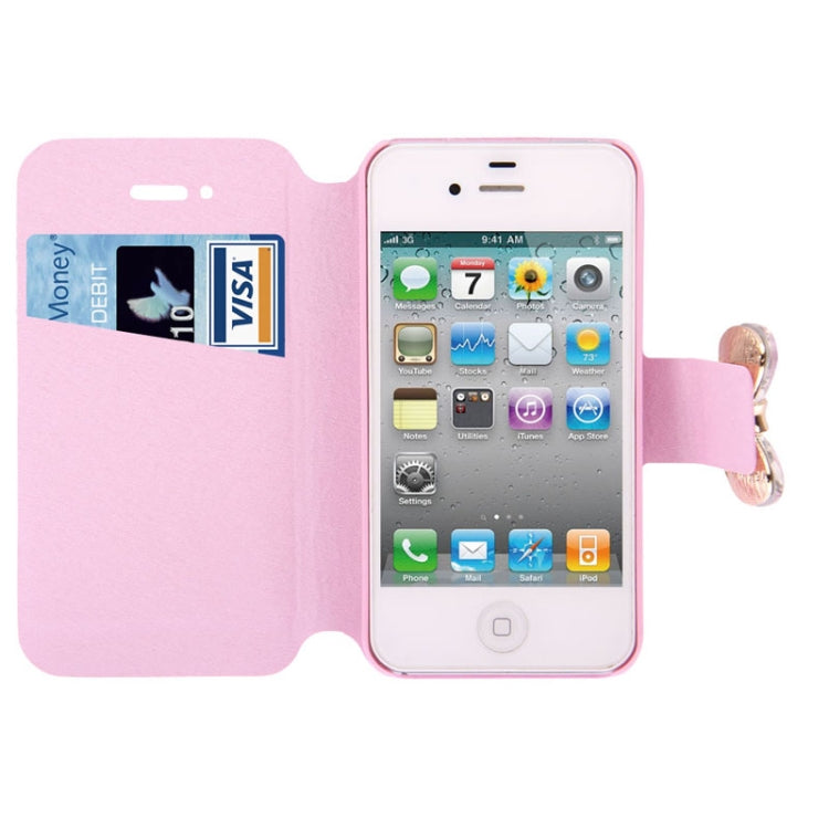 Bowknot Magnetic Buckle Diamond Encrusted Horizontal Flip Leather Case with Credit Card Slots & Holder for iPhone 4 & 4S