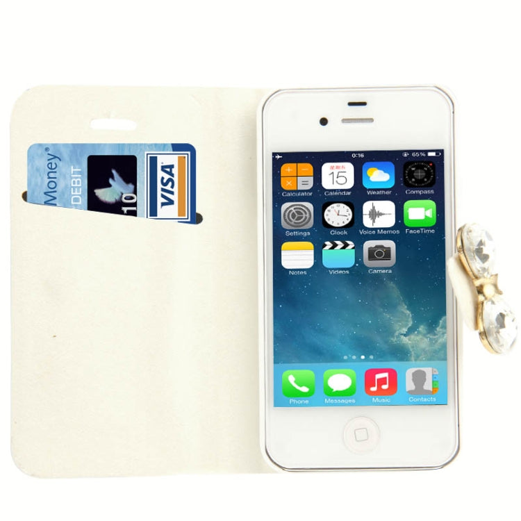 Bowknot Magnetic Buckle Diamond Encrusted Horizontal Flip Leather Case with Credit Card Slots & Holder for iPhone 4 & 4S