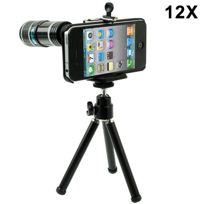 12X Optical Zoom Telescope Lens with Tripod + Cell Case for iPhone 4 & 4S(Black)