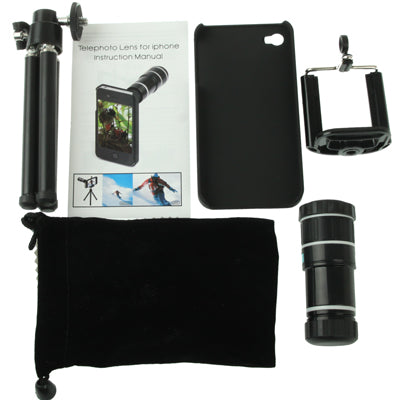 12X Optical Zoom Telescope Lens with Tripod + Cell Case for iPhone 4 & 4S(Black)