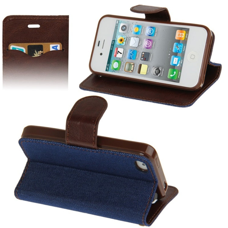 Denim Texture Horizontal Flip Leather Case with Holder & Credit Card Slots for iPhone 4 & 4S(Dark Blue)