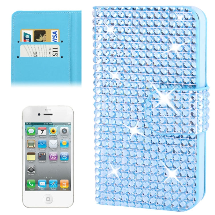 Rubbery Diamond Encrusted Horizontal Flip Leather Case with Credit Card Slots for iPhone 4 & 4S