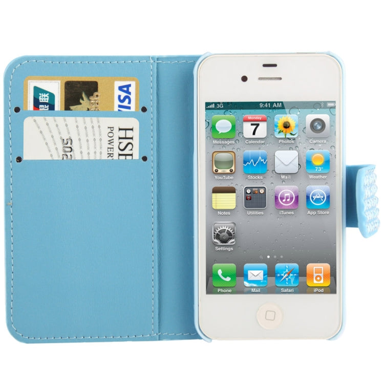 Rubbery Diamond Encrusted Horizontal Flip Leather Case with Credit Card Slots for iPhone 4 & 4S