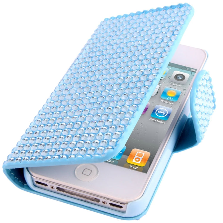 Rubbery Diamond Encrusted Horizontal Flip Leather Case with Credit Card Slots for iPhone 4 & 4S