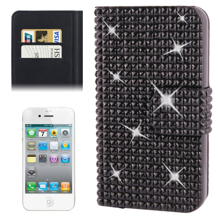Rubbery Diamond Encrusted Horizontal Flip Leather Case with Credit Card Slots for iPhone 4 & 4S