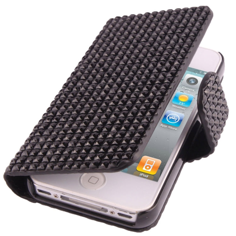 Rubbery Diamond Encrusted Horizontal Flip Leather Case with Credit Card Slots for iPhone 4 & 4S