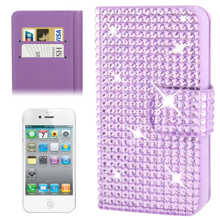 Rubbery Diamond Encrusted Horizontal Flip Leather Case with Credit Card Slots for iPhone 4 & 4S