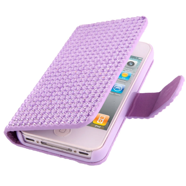 Rubbery Diamond Encrusted Horizontal Flip Leather Case with Credit Card Slots for iPhone 4 & 4S