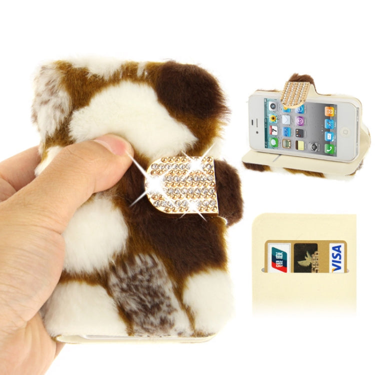 Spots Texture Diamond Encrusted Winter Warm Fur Leather Case with Credit Card Slot & Holder for iPhone 4 & 4S