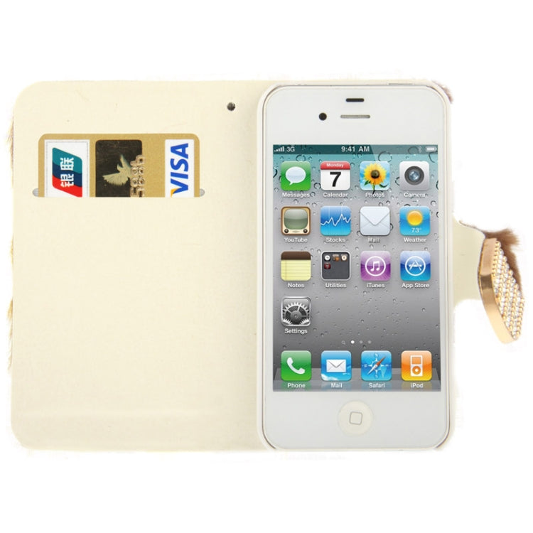 Spots Texture Diamond Encrusted Winter Warm Fur Leather Case with Credit Card Slot & Holder for iPhone 4 & 4S