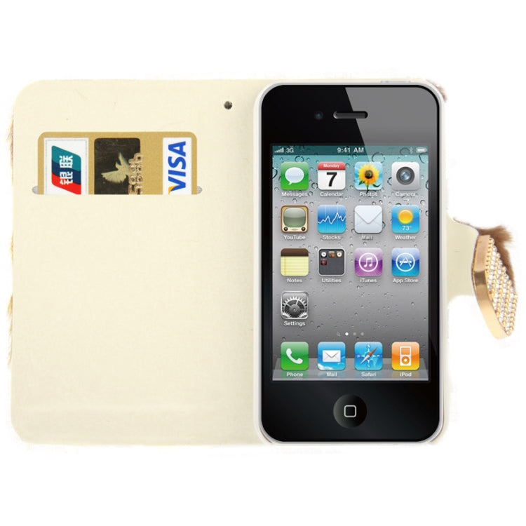 Spots Texture Diamond Encrusted Winter Warm Fur Leather Case with Credit Card Slot & Holder for iPhone 4 & 4S