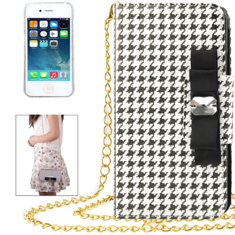 Plaid Pattern Crystal Bowknot Button Flip Leather Case with Card Slots & Lanyards for iPhone 4 & 4S