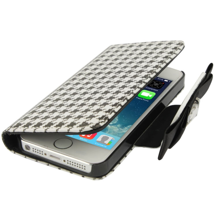 Plaid Pattern Crystal Bowknot Button Flip Leather Case with Card Slots & Lanyards for iPhone 4 & 4S