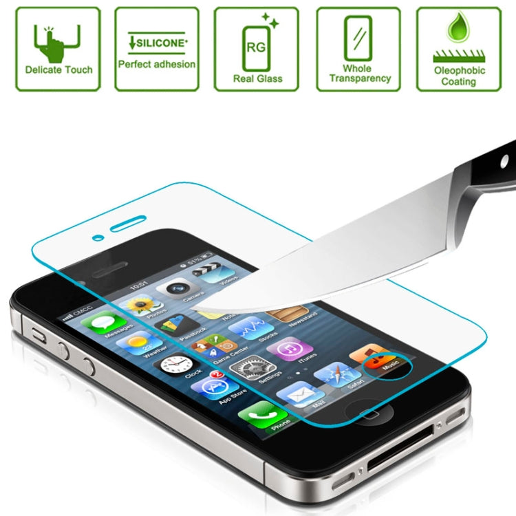 0.3mm Ultra-thin Explosion-proof Tempered Glass Film with 4 x Button Sticker for iPhone 4 & 4S(Transparent)