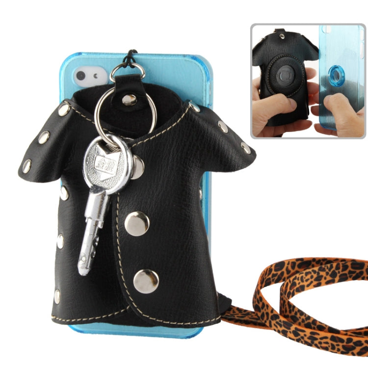 WUBENFU Series Detachable Leather Clothing Keyring Wood Texture Transparent Plastic Case with Leopard Phone Neck Rope for iPhone 4 & 4S