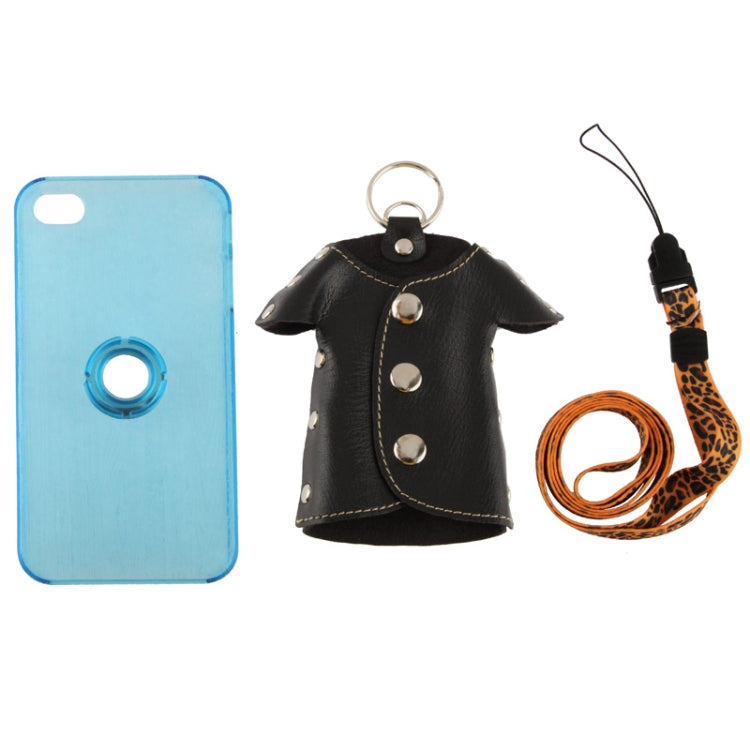 WUBENFU Series Detachable Leather Clothing Keyring Wood Texture Transparent Plastic Case with Leopard Phone Neck Rope for iPhone 4 & 4S
