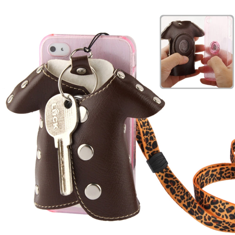 WUBENFU Series Detachable Leather Clothing Keyring Wood Texture Transparent Plastic Case with Leopard Phone Neck Rope for iPhone 4 & 4S