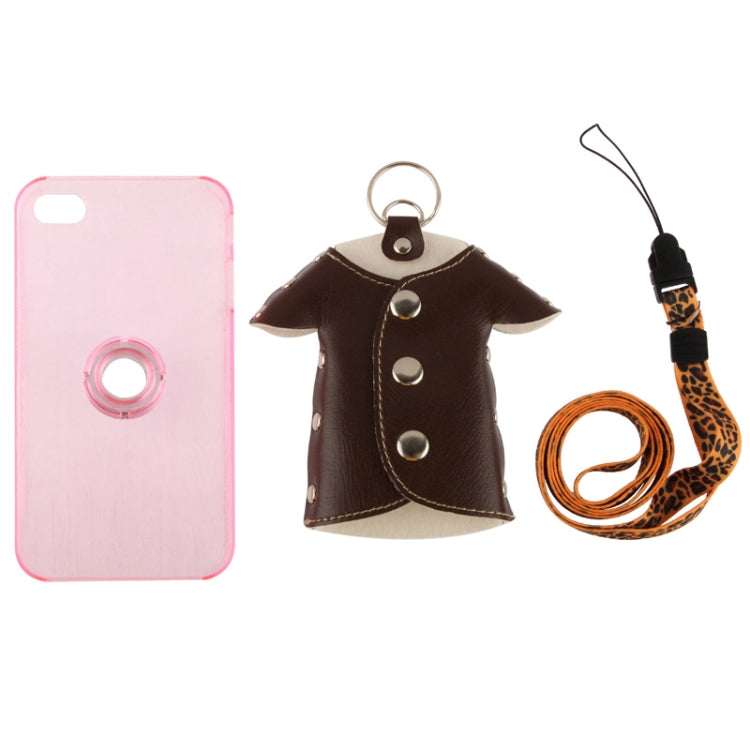 WUBENFU Series Detachable Leather Clothing Keyring Wood Texture Transparent Plastic Case with Leopard Phone Neck Rope for iPhone 4 & 4S