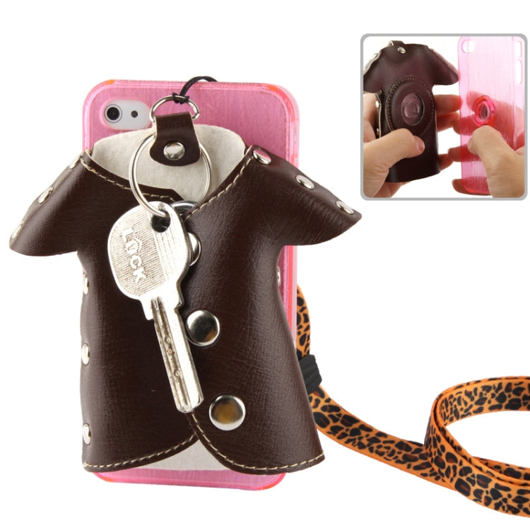 WUBENFU Series Detachable Leather Clothing Keyring Wood Texture Transparent Plastic Case with Leopard Phone Neck Rope for iPhone 4 & 4S