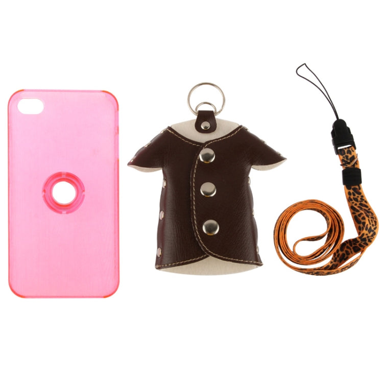 WUBENFU Series Detachable Leather Clothing Keyring Wood Texture Transparent Plastic Case with Leopard Phone Neck Rope for iPhone 4 & 4S