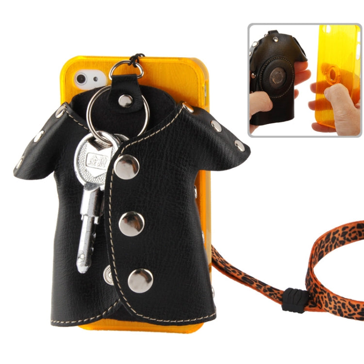 WUBENFU Series Detachable Leather Clothing Keyring Wood Texture Transparent Plastic Case with Leopard Phone Neck Rope for iPhone 4 & 4S