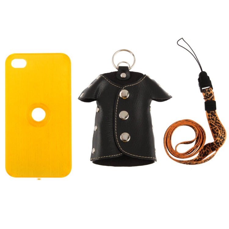 WUBENFU Series Detachable Leather Clothing Keyring Wood Texture Transparent Plastic Case with Leopard Phone Neck Rope for iPhone 4 & 4S