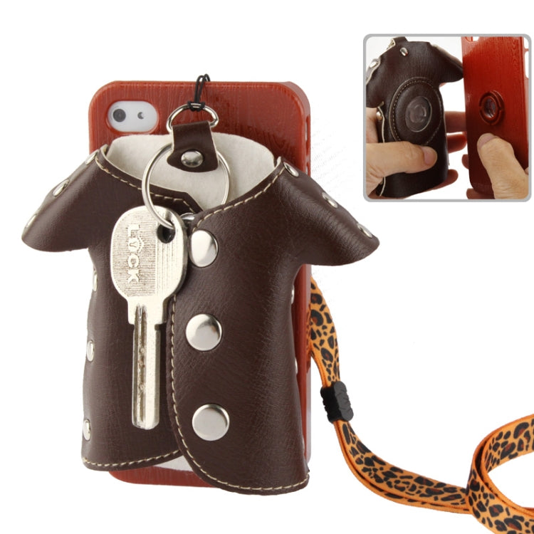 WUBENFU Series Detachable Leather Clothing Keyring Wood Texture Plastic Case with Leopard Phone Neck Rope for iPhone 4 & 4S