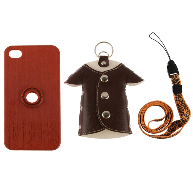 WUBENFU Series Detachable Leather Clothing Keyring Wood Texture Plastic Case with Leopard Phone Neck Rope for iPhone 4 & 4S