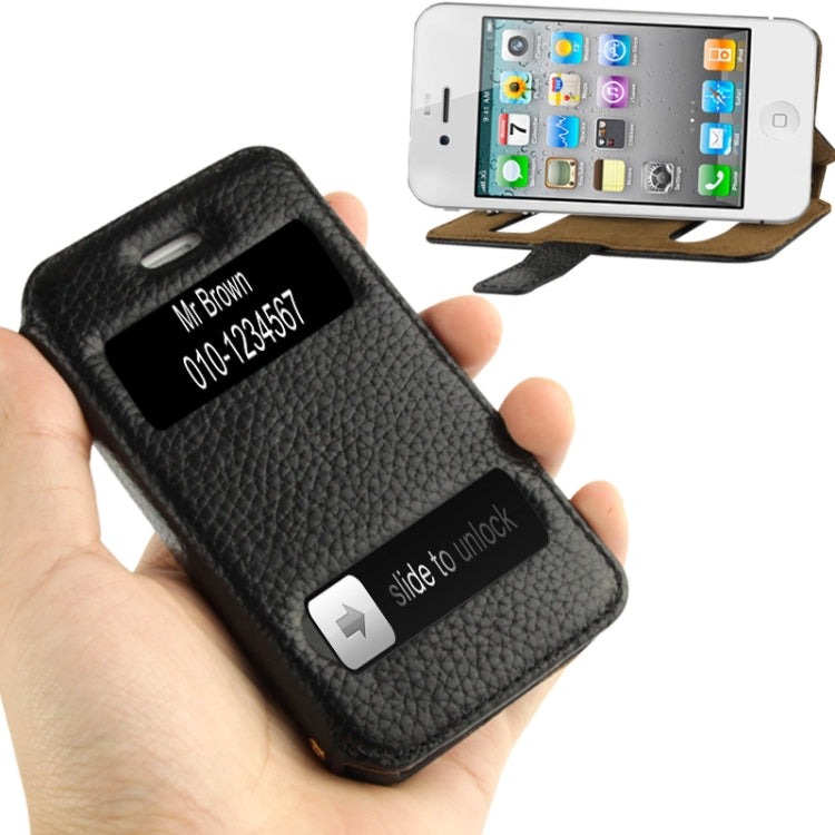 Litchi Texture Leather Case with Call Display ID & Holder for iPhone 4 & 4S