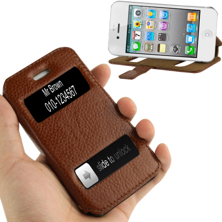 Litchi Texture Leather Case with Call Display ID & Holder for iPhone 4 & 4S
