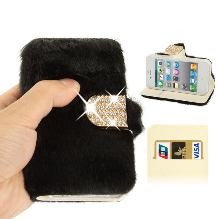 Diamond Encrusted Winter Warm Fur Leather Case with Credit Card Slot & Holder for iPhone 4 & 4S(Black)