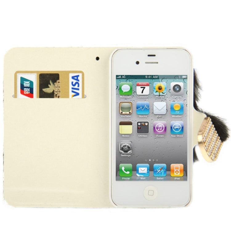 Diamond Encrusted Winter Warm Fur Leather Case with Credit Card Slot & Holder for iPhone 4 & 4S(Black)