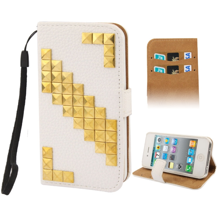Golden Rivet Litchi Texture Horizontal Flip Leather Case with Credit Card Slots & Holder & Lanyard for iPhone 4 & 4S