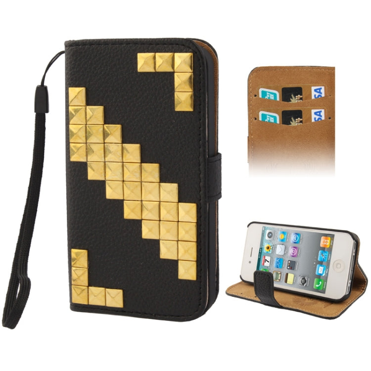 Golden Rivet Litchi Texture Horizontal Flip Leather Case with Credit Card Slots & Holder & Lanyard for iPhone 4 & 4S