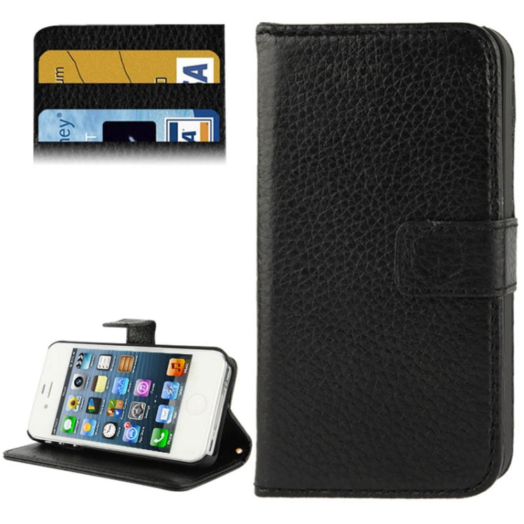 Litchi Texture Horizontal Flip Top-grain Genuine Leather Case with Credit Card Slots & Holder for iPhone 4 & 4S