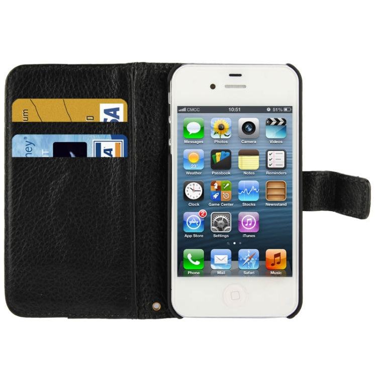 Litchi Texture Horizontal Flip Top-grain Genuine Leather Case with Credit Card Slots & Holder for iPhone 4 & 4S
