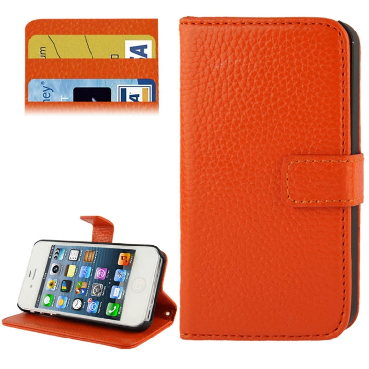 Litchi Texture Horizontal Flip Top-grain Genuine Leather Case with Credit Card Slots & Holder for iPhone 4 & 4S