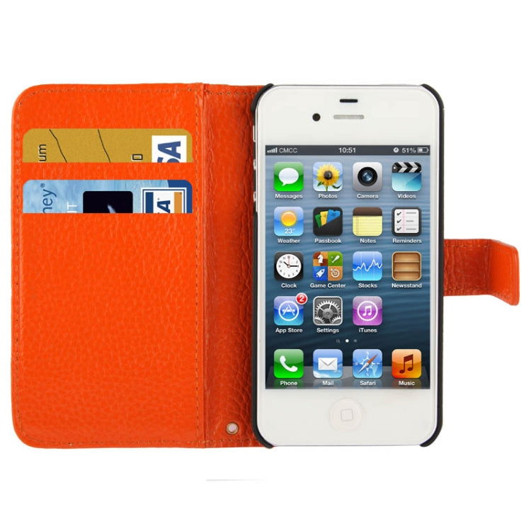 Litchi Texture Horizontal Flip Top-grain Genuine Leather Case with Credit Card Slots & Holder for iPhone 4 & 4S
