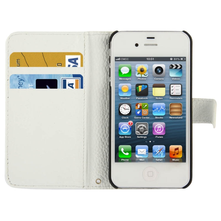 Litchi Texture Horizontal Flip Top-grain Genuine Leather Case with Credit Card Slots & Holder for iPhone 4 & 4S
