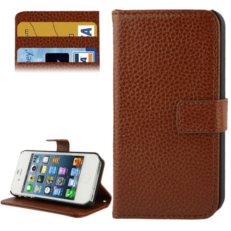 Litchi Texture Horizontal Flip Top-grain Genuine Leather Case with Credit Card Slots & Holder for iPhone 4 & 4S