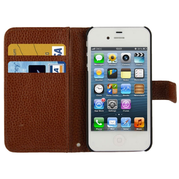 Litchi Texture Horizontal Flip Top-grain Genuine Leather Case with Credit Card Slots & Holder for iPhone 4 & 4S