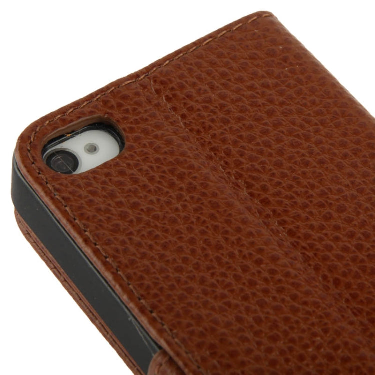 Litchi Texture Horizontal Flip Top-grain Genuine Leather Case with Credit Card Slots & Holder for iPhone 4 & 4S