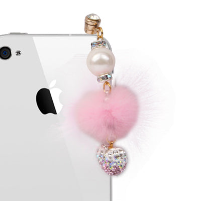 Fashion Diamond Heart & Plush Ball Style Earphone Dock Port Anti-dust Plug for iPhone 4S / 4 / iPod / iPad