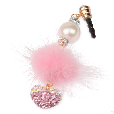 Fashion Diamond Heart & Plush Ball Style Earphone Dock Port Anti-dust Plug for iPhone 4S / 4 / iPod / iPad